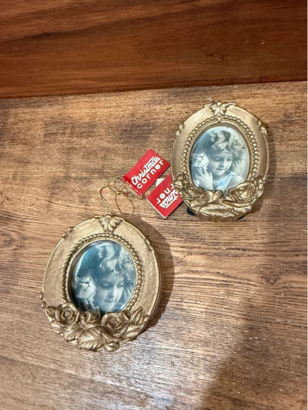 Vintage Christmas Corner Gold Rose Photo Frame Ornaments Set of 2